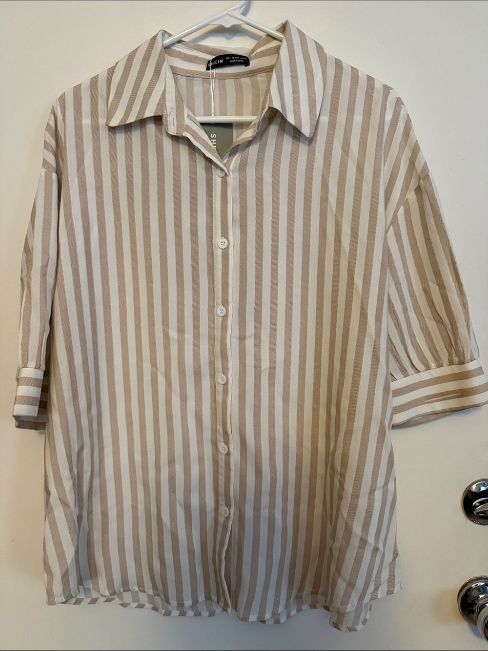 SHEIN Beige & White Vertical Stripe Button-Down Shirt